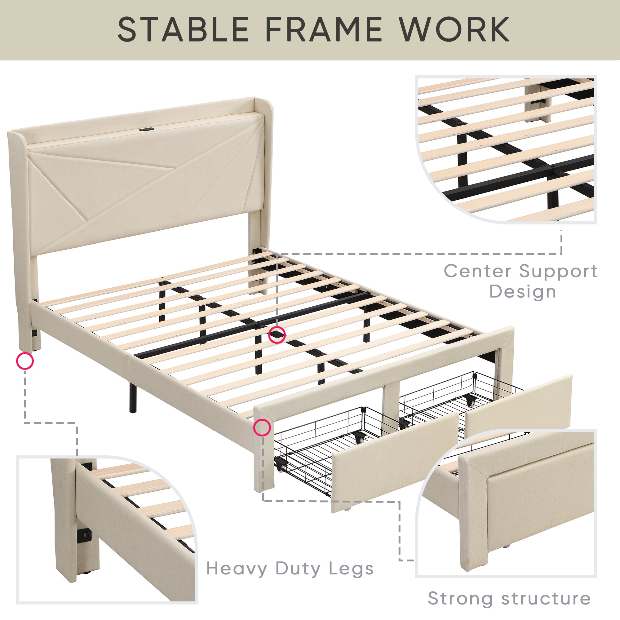 Full Upholstered Bed Frame with Storage Drawers & USB, Beige Full Upholstered Bed Frame with Storage Drawers & USB, Beige
