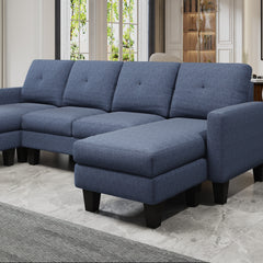 U-Shaped Sofa Coch 4-Seat Sofa with Chaise Polyester Fabric for Living Room Apartment Office (Blue)