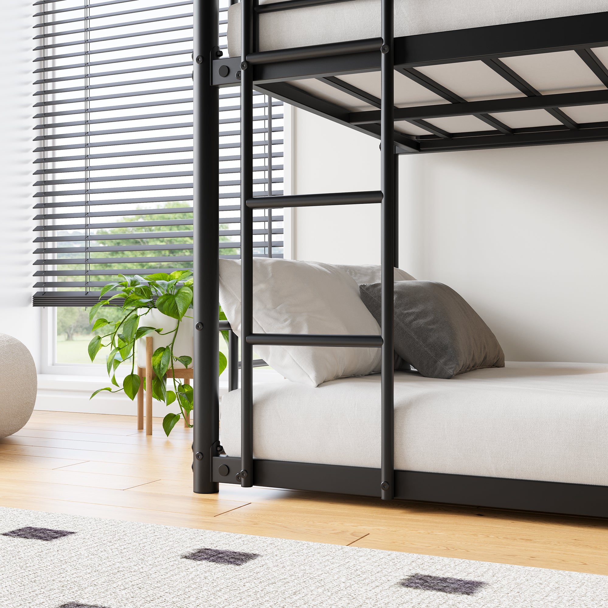 Triple Twin Bunk Bed Frame, Metal with Guardrail, Black Triple Twin Bunk Bed Frame, Metal with Guardrail, Black