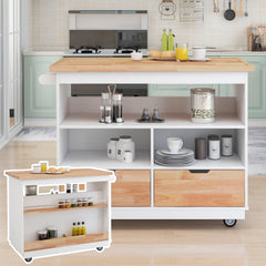 Rolling Kitchen Island with Storage, RubberWood Top & Wine Rack, White