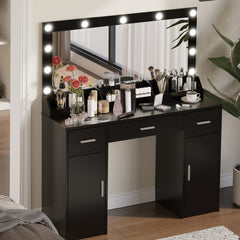47.2"Vanity Desk with Large Mirror, 3 Colour Lighting Modes, Adjustable Brightness, Dresser with 3 Drawers & 2 Vertical Cabinets, Makeup Vanity Table for Women & Girls (Black)