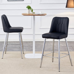 Modern Black PU Bar Stool - Set of 2 with Silver Metal Legs Decor