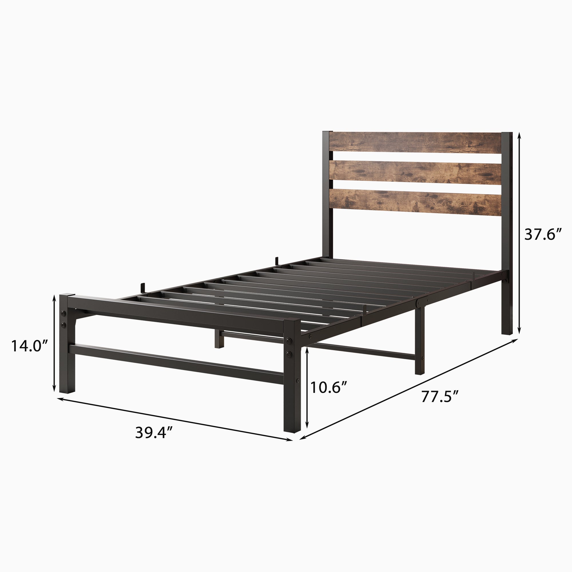 Twin Platform Bed Frame, Rustic Wood Headboard, Brown Twin Platform Bed Frame, Rustic Wood Headboard, Brown