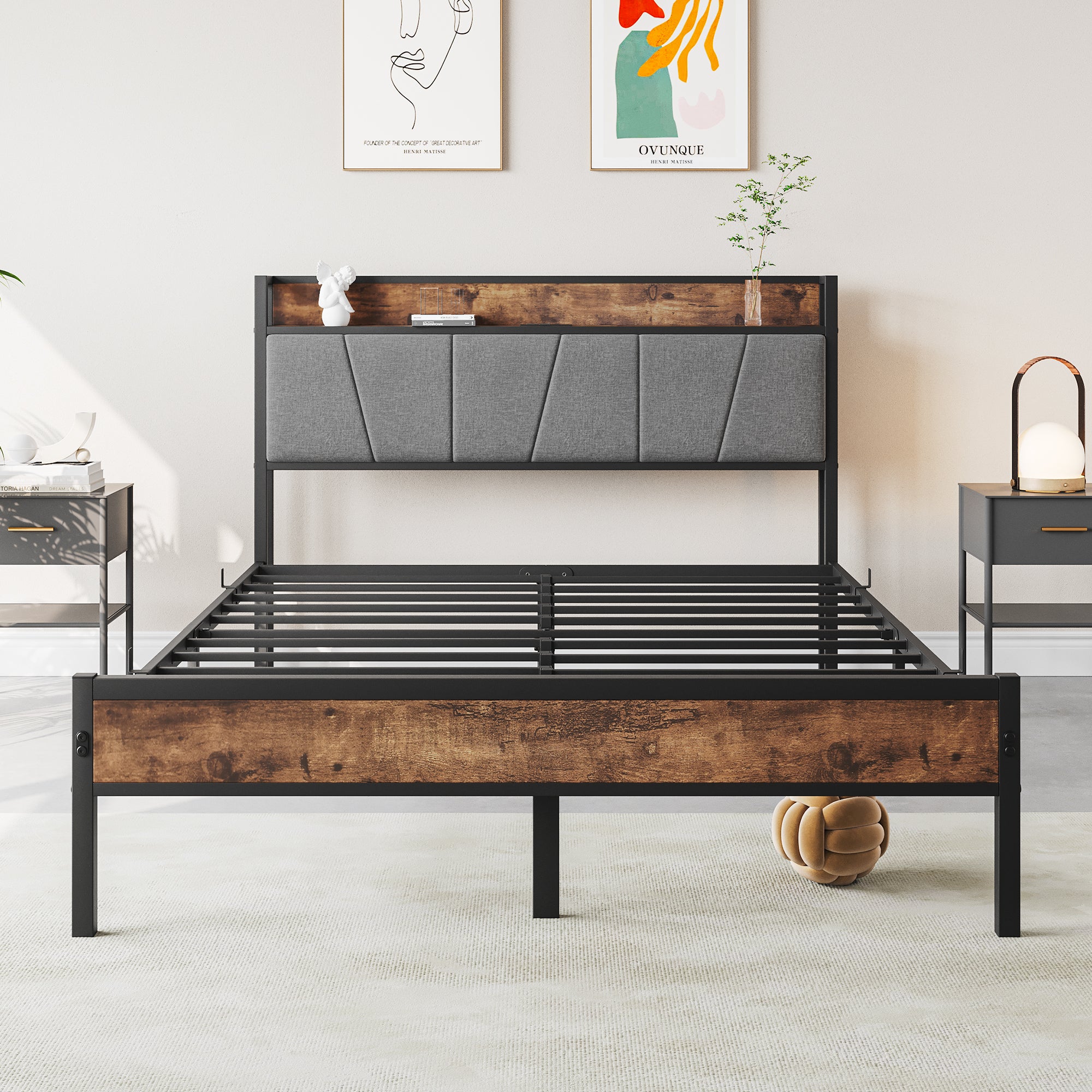 Full Bed Frame with Storage Headboard & Charging Station, Brown/Gray Full Bed Frame with Storage Headboard & Charging Station, Brown/Gray