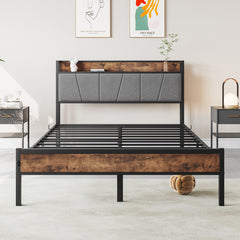 Full Bed Frame with Storage Headboard & Charging Station, Brown/Gray