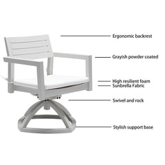 7PC Outdoor Patio Dining Set with 4 Chairs, 2 Swivel Rockers and Two-tone Rectangle Table, Matte White and Grayish