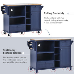 Kitchen Island Cart with Storage Cabinet & Locking Wheels, Solid Wood, Dark Blue