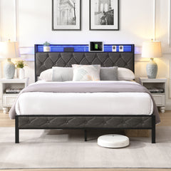 Full Bed Frame with Storage, Charging Station & LED Lights, Gray
