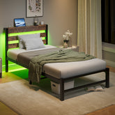 Twin Platform Bed Frame with USB, LED & Headboard, Brown