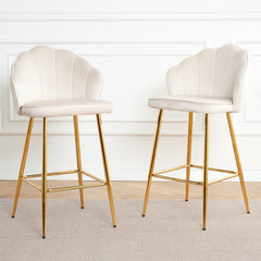 Off-White Velvet Shell Bar Chair with Gold Legs (Set of 2) – Perfect for Coffee Shop & Bar