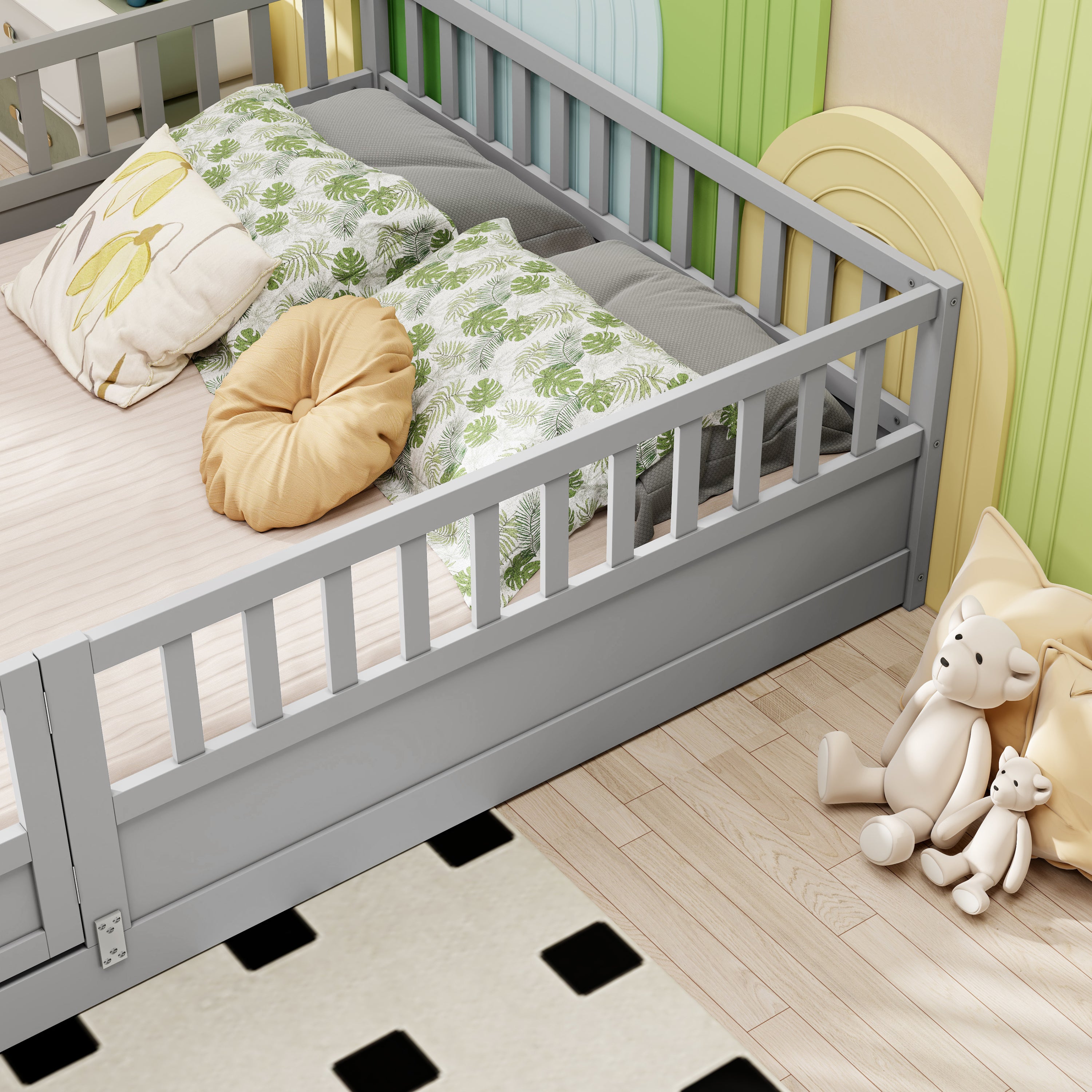Full size  Floor bed, integral construction with super high security barrier, door, children's floor bed frame, Montessori wooden children's floor bed,  Grey Full size  Floor bed, integral construction with super high security barrier, door, children's floor bed frame, Montessori wooden children's floor bed,  Grey