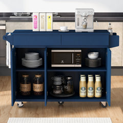 K&K 53.2'' Kitchen Island with Drop Leaf, Kitchen Storage Cart with Spice Rack, Towel Rack and 2 Drawers for Kitchen, Dining Room, Navy Blue