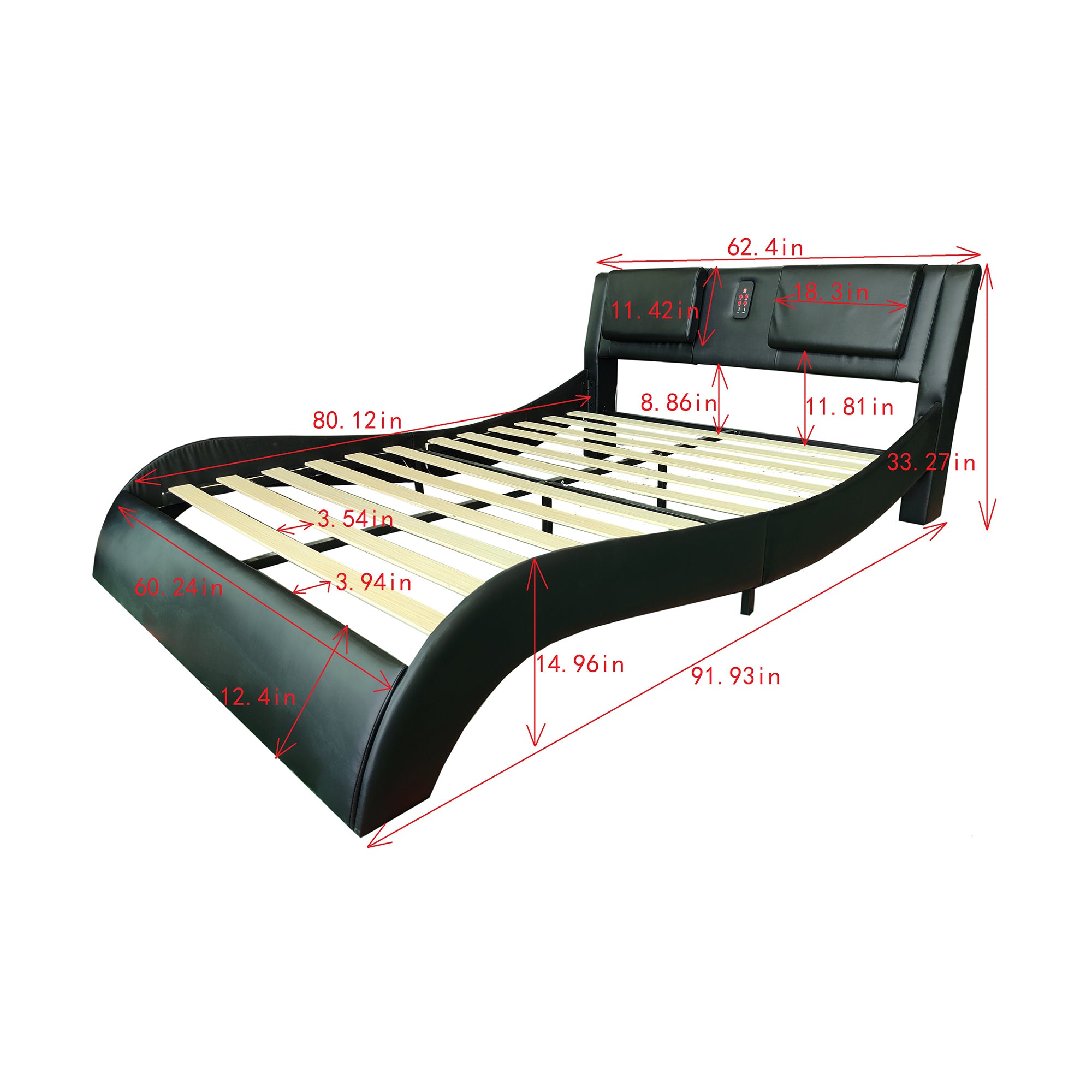 Faux Leather Upholstered Platform Bed Frame with led lighting, Bluetooth connection to play music control, Backrest vibration massage, Curve Design, Wood Slat Support, One-Carton Package, Queen Faux Leather Upholstered Platform Bed Frame with led lighting, Bluetooth connection to play music control, Backrest vibration massage, Curve Design, Wood Slat Support, One-Carton Package, Queen