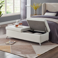56.7" Bed Bench with Storage White Leather