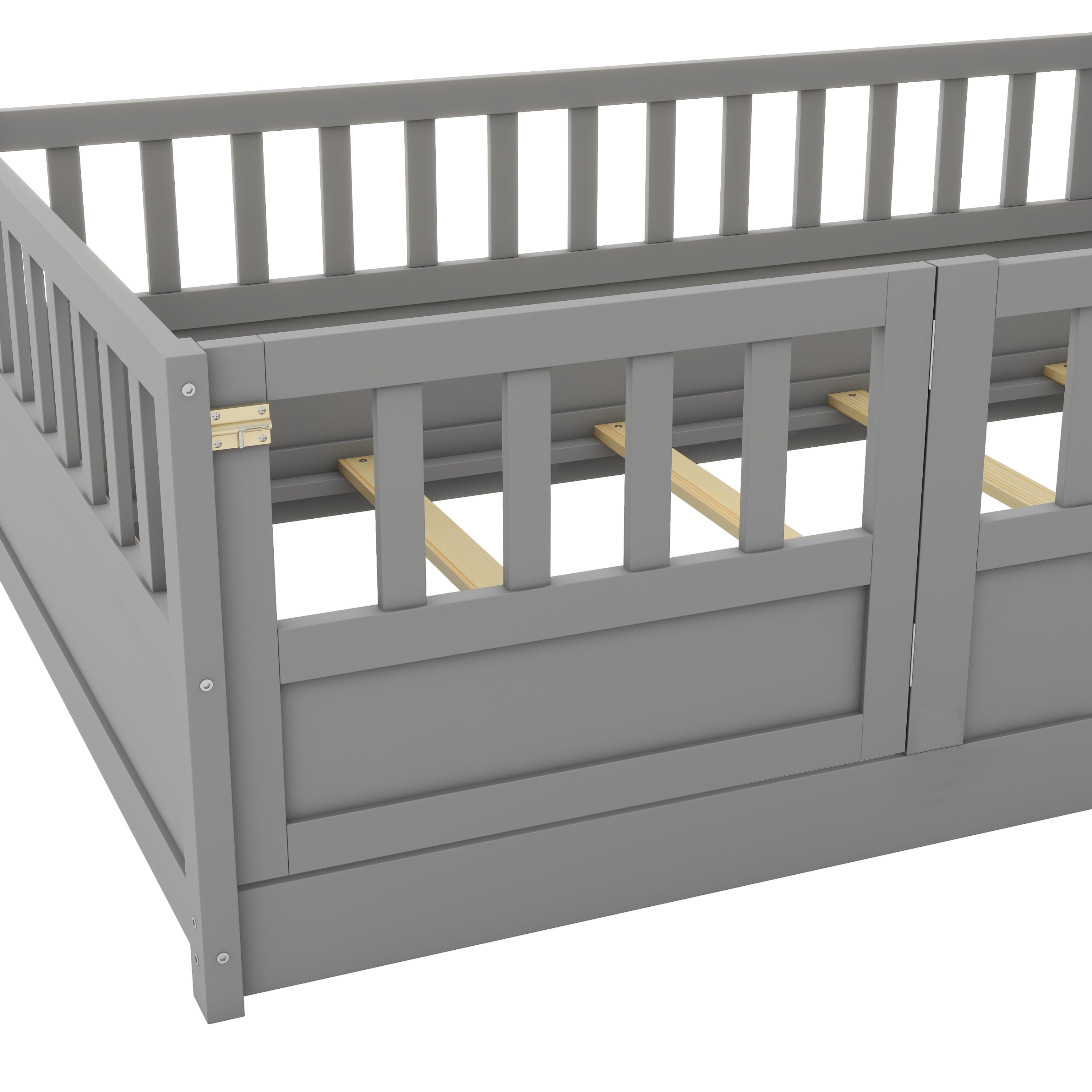 Twin Size Floor bed, integral construction with super high security barrier, door, children's floor bed frame, Montessori wooden children's floor bed, Support slat Grey Twin Size Floor bed, integral construction with super high security barrier, door, children's floor bed frame, Montessori wooden children's floor bed, Support slat Grey