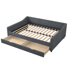 Full Size Daybed with Drawers Upholstered Tufted Sofa Bed, with Button on Back and Piping on Waved Shape Arms-Dark Grey