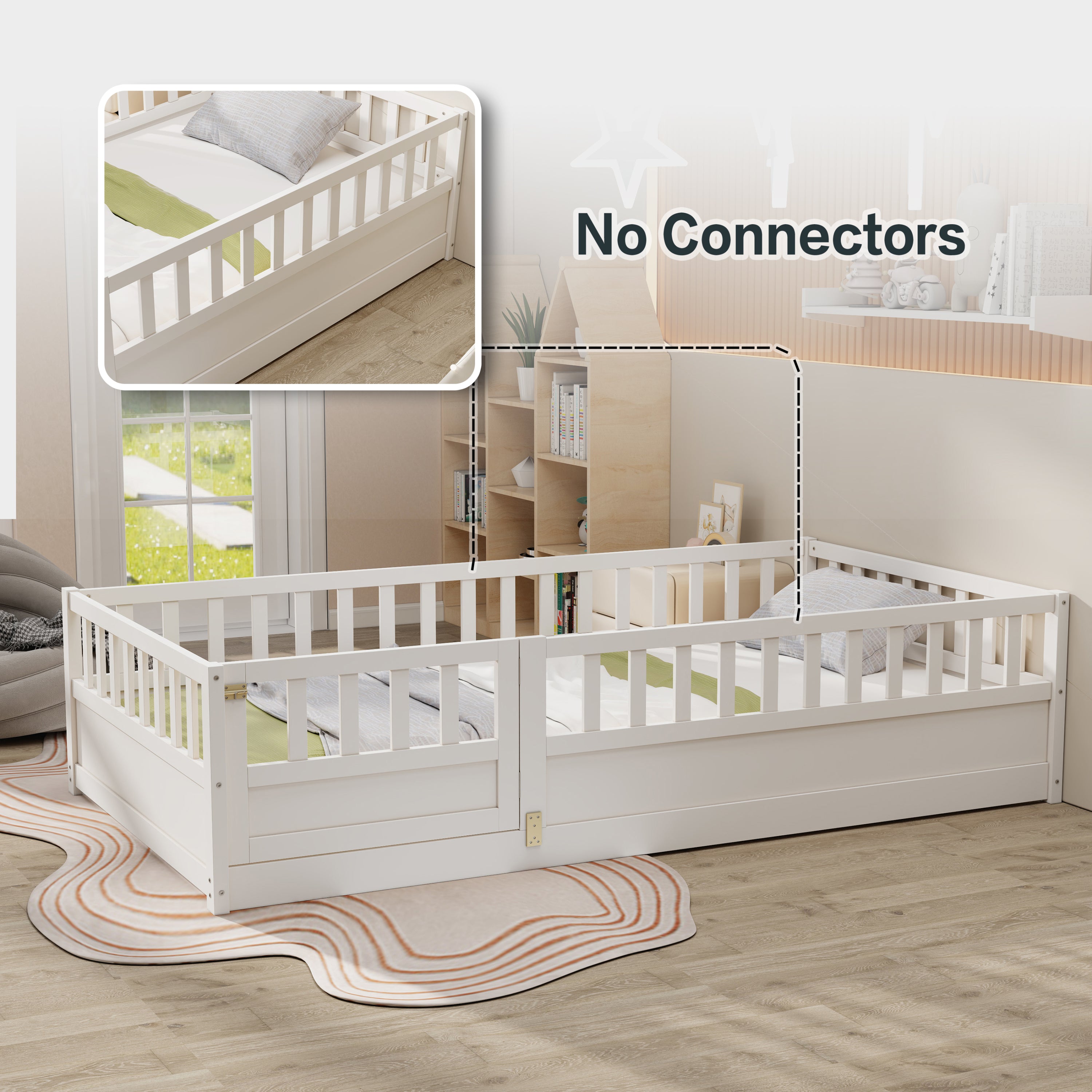 Twin Size Floor bed, integral construction with super high security barrier, door, children's floor bed frame, Montessori wooden children's floor bed, Support slat white Twin Size Floor bed, integral construction with super high security barrier, door, children's floor bed frame, Montessori wooden children's floor bed, Support slat white