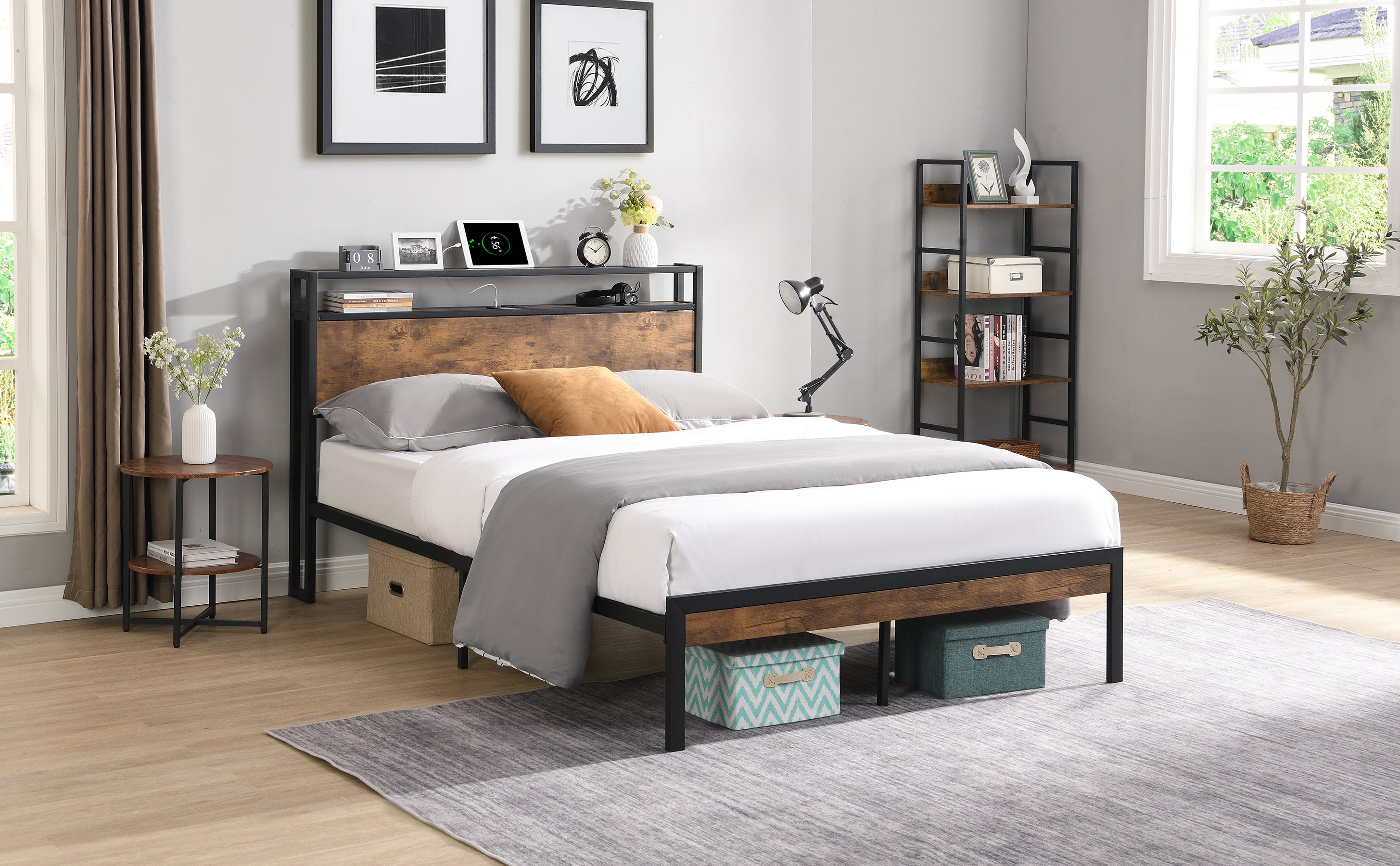 King Size Metal Platform Bed Frame with Wooden Headboard and Footboard with USB LINER, No Box Spring Needed, Large Under Bed Storage, Easy Assemble King Size Metal Platform Bed Frame with Wooden Headboard and Footboard with USB LINER, No Box Spring Needed, Large Under Bed Storage, Easy Assemble