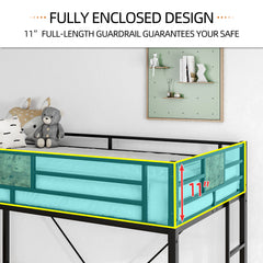 Metal Twin Loft Bed Frame with Stairs & Guardrail - Black