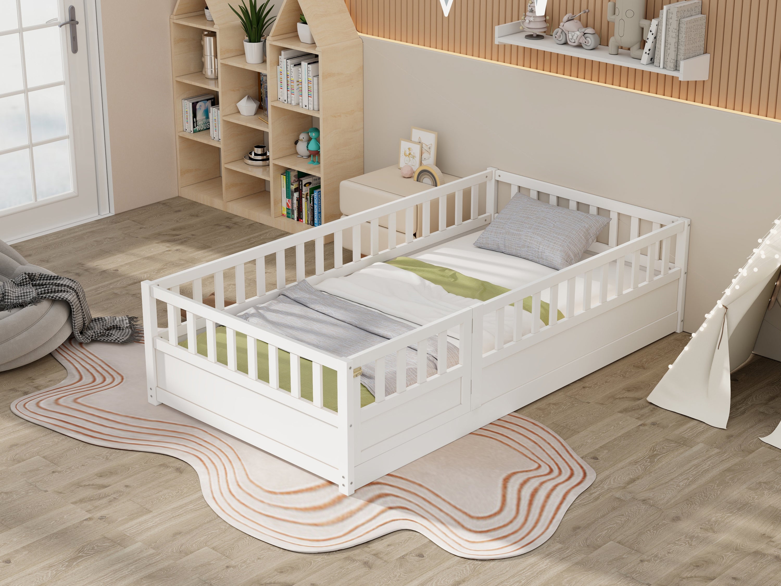 Twin Size Floor bed, integral construction with super high security barrier, door, children's floor bed frame, Montessori wooden children's floor bed, Support slat white Twin Size Floor bed, integral construction with super high security barrier, door, children's floor bed frame, Montessori wooden children's floor bed, Support slat white