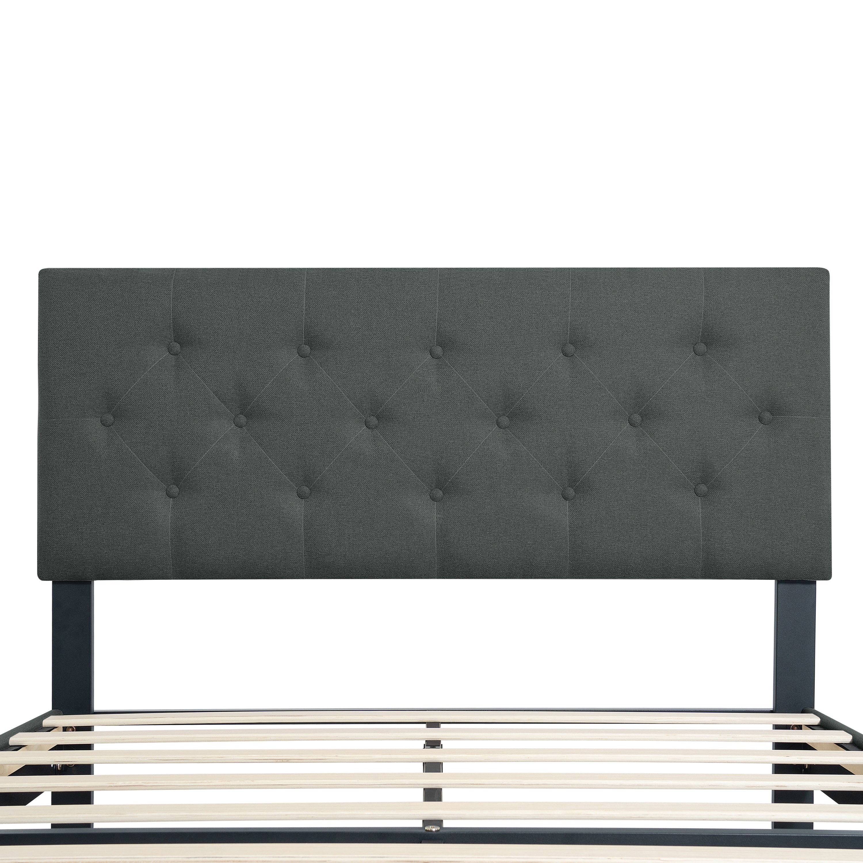 Twin Size Upholstered Platform Bed Frame with Modern Button Tufted Linen Fabric Headboard, No Box Spring Needed, Wood Slat Support, Easy Assembly, Drak Grey Twin Size Upholstered Platform Bed Frame with Modern Button Tufted Linen Fabric Headboard, No Box Spring Needed, Wood Slat Support, Easy Assembly, Drak Grey