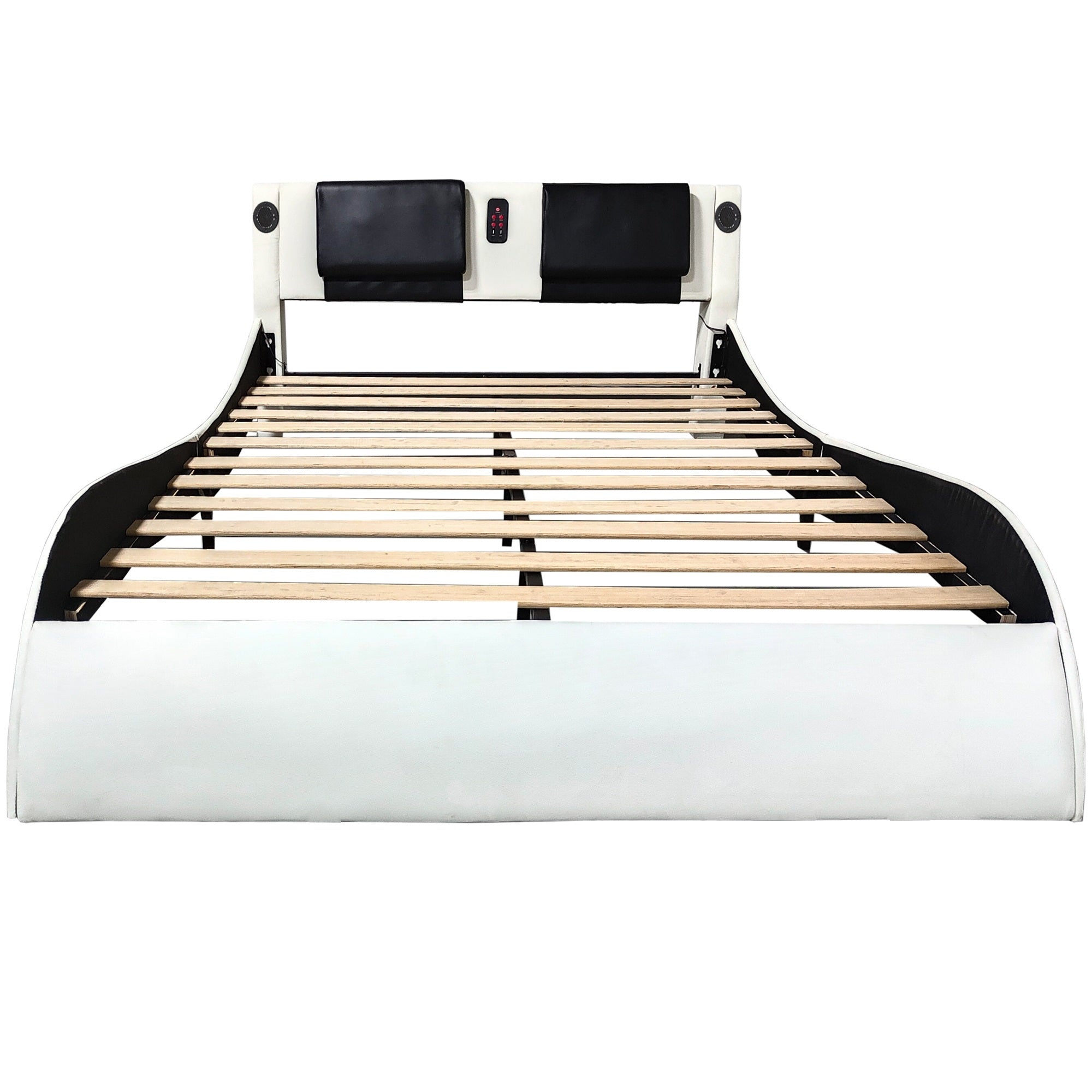 Faux Leather Upholstered Platform Bed Frame with led lighting, Bluetooth connection to play music control, Backrest vibration massage, Curve Design, Wood Slat Support, Exhibited Speakers,King Size Faux Leather Upholstered Platform Bed Frame with led lighting, Bluetooth connection to play music control, Backrest vibration massage, Curve Design, Wood Slat Support, Exhibited Speakers,King Size