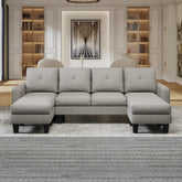 U-Shaped Sofa Coch 4-Seat Sofa with Chaise Polyester Fabric for Living Room Apartment Office (Light Grey)