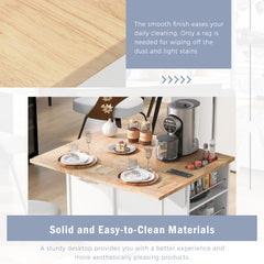Kitchen Island with Drop Leaf and Rubber Wood,Open Storage and Wine Rack,5 Wheels,White