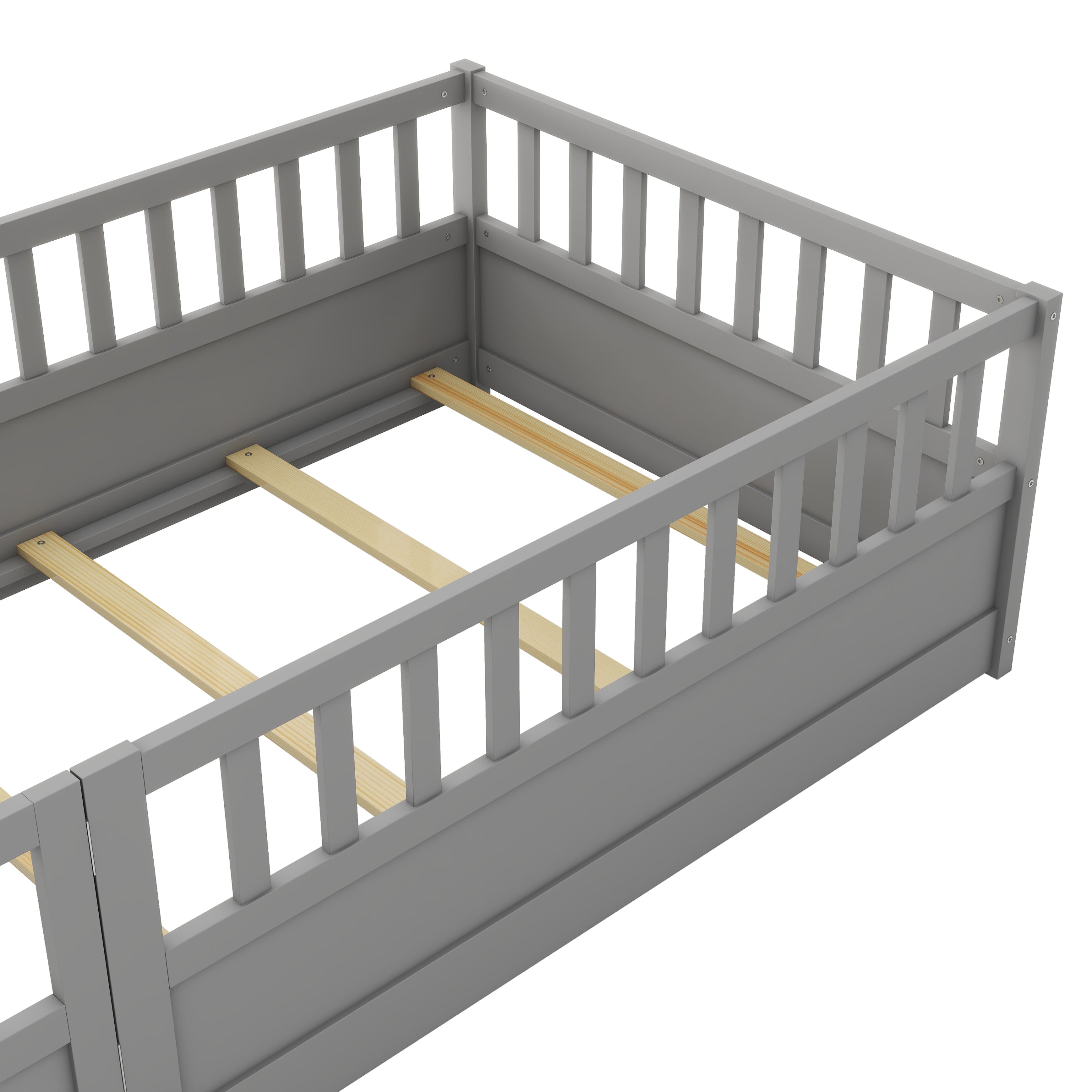 Twin Size Floor bed, integral construction with super high security barrier, door, children's floor bed frame, Montessori wooden children's floor bed, Support slat Grey Twin Size Floor bed, integral construction with super high security barrier, door, children's floor bed frame, Montessori wooden children's floor bed, Support slat Grey
