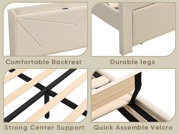 Full Upholstered Bed Frame with Storage Drawers & USB, Beige Full Upholstered Bed Frame with Storage Drawers & USB, Beige