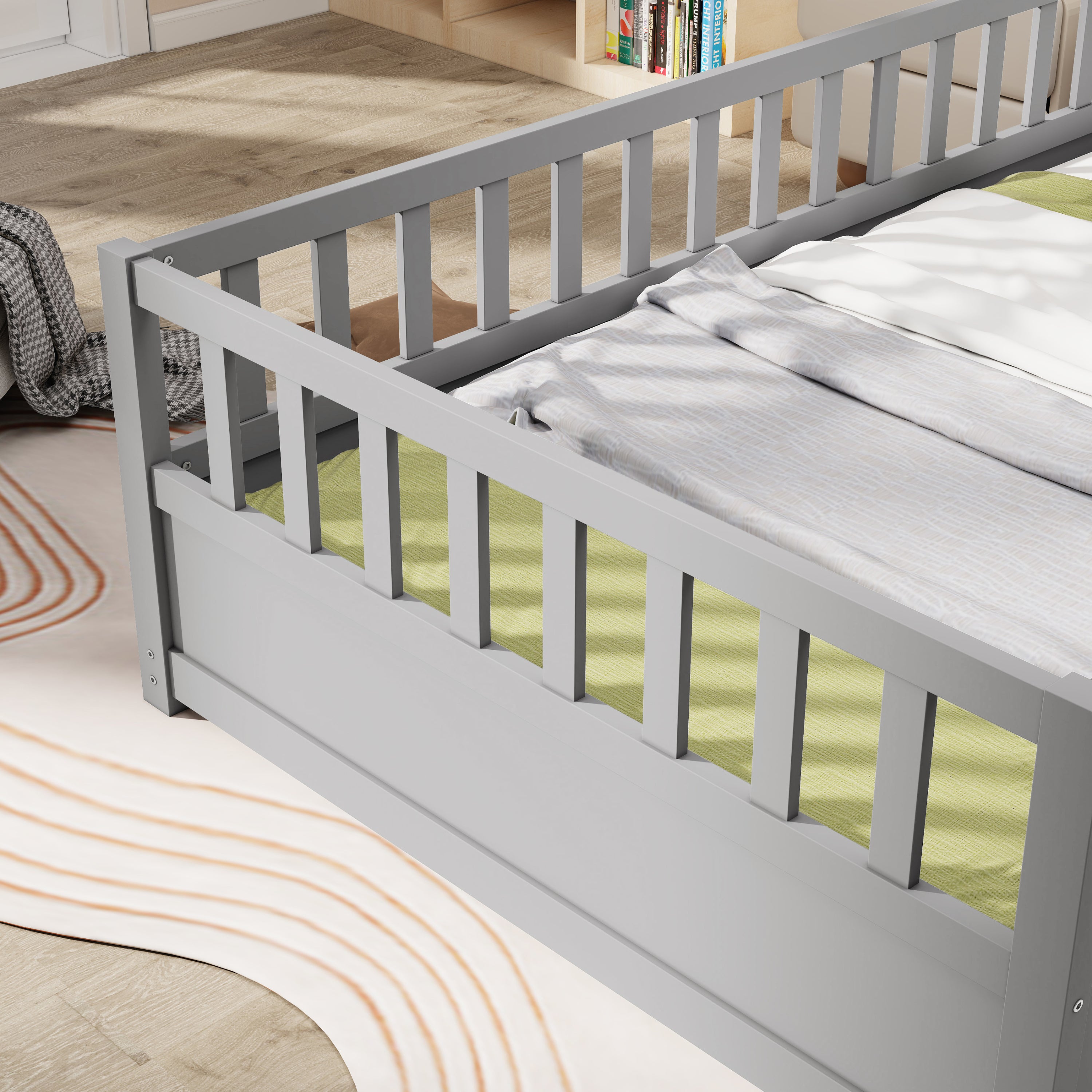 Twin Size Floor bed, integral construction with super high security barrier, door, children's floor bed frame, Montessori wooden children's floor bed, Support slat Grey Twin Size Floor bed, integral construction with super high security barrier, door, children's floor bed frame, Montessori wooden children's floor bed, Support slat Grey