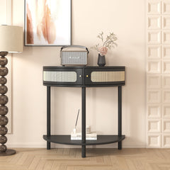 Half Moon End Table with Sliding Rattan Door & Storage Shelf