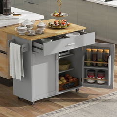 K&K Rolling Kitchen Island with Storage, Rubber Wood Top, Spacious Drawer with Divider and Internal Storage Rack, Grey