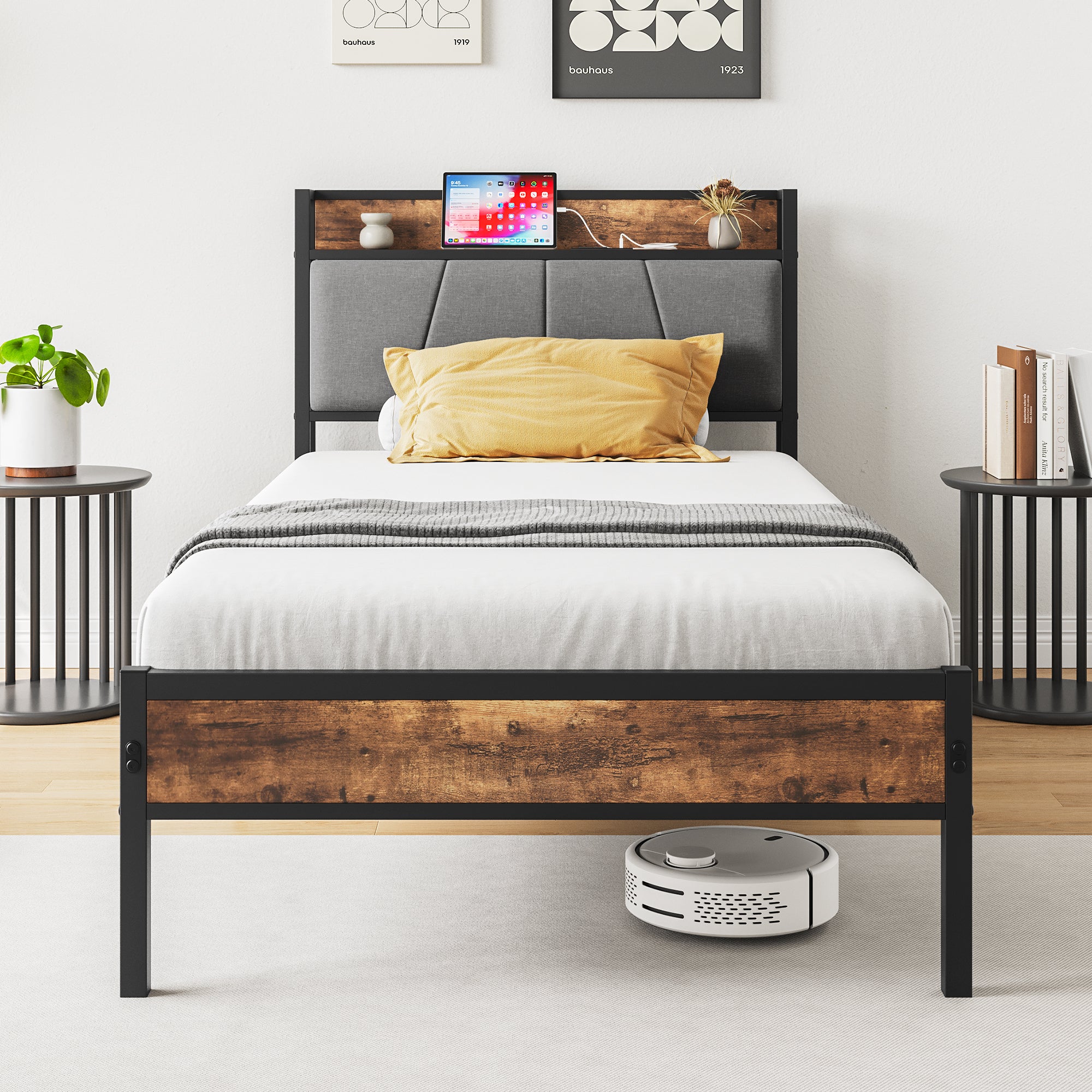 Twin Bed Frame with Storage Headboard & Charging Station Twin Bed Frame with Storage Headboard & Charging Station