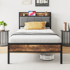 Twin Bed Frame with Storage Headboard & Charging Station