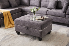 Sectional 3-Seaters Sofa with Reversible Chaise , Storage Ottoman, inlaid with copper nail ,Two Small Pillows,Grey