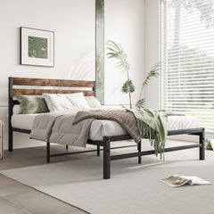 Full Platform Bed Frame, Rustic Wood Headboard, Brown