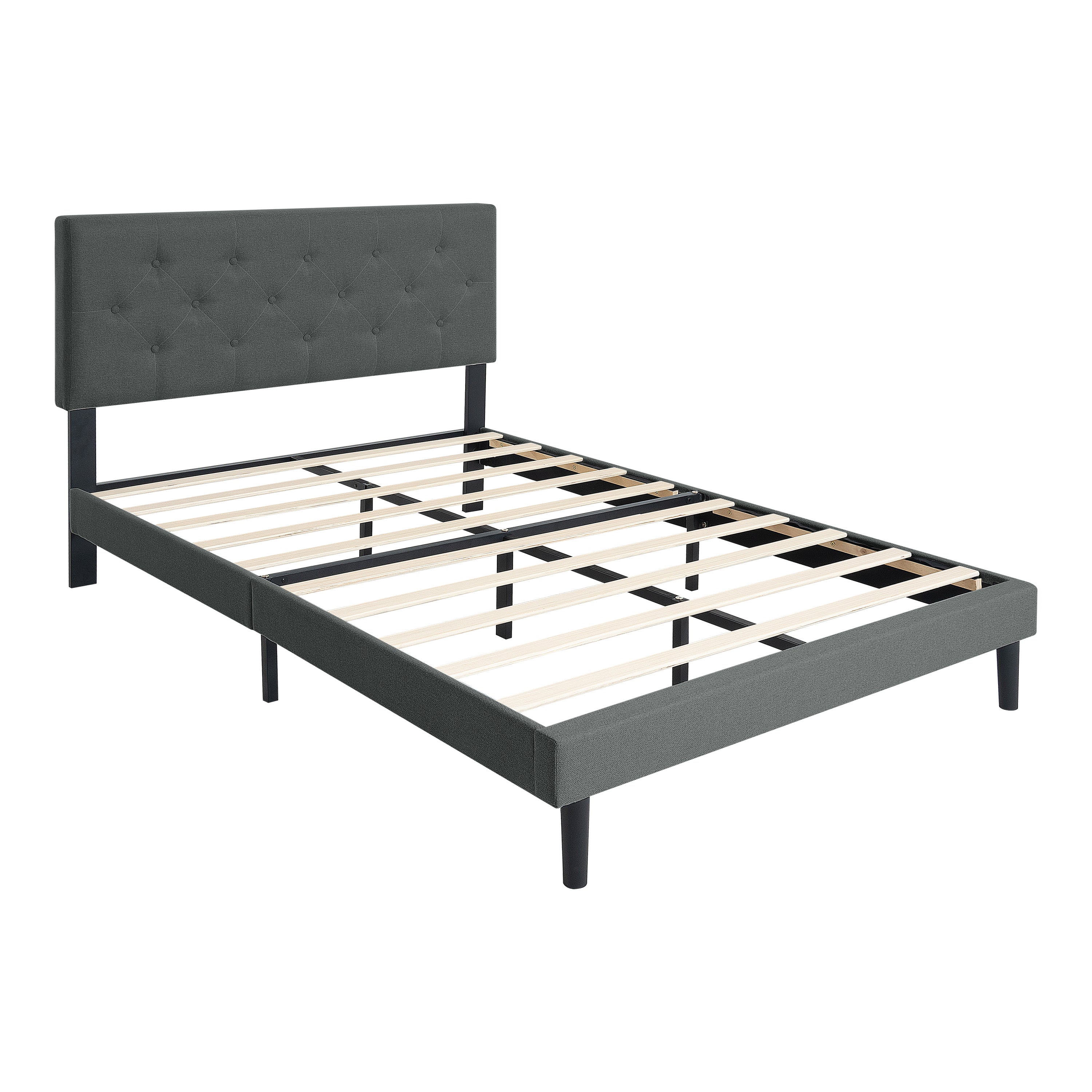 Twin Size Upholstered Platform Bed Frame with Modern Button Tufted Linen Fabric Headboard, No Box Spring Needed, Wood Slat Support, Easy Assembly, Drak Grey Twin Size Upholstered Platform Bed Frame with Modern Button Tufted Linen Fabric Headboard, No Box Spring Needed, Wood Slat Support, Easy Assembly, Drak Grey