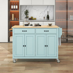 Kitchen Island Cart with 4 Door Cabinet and Two Drawers and 2 Locking Wheels - Solid Wood Top, Adjustable Shelves, Spice & Towel Rack Mint Green