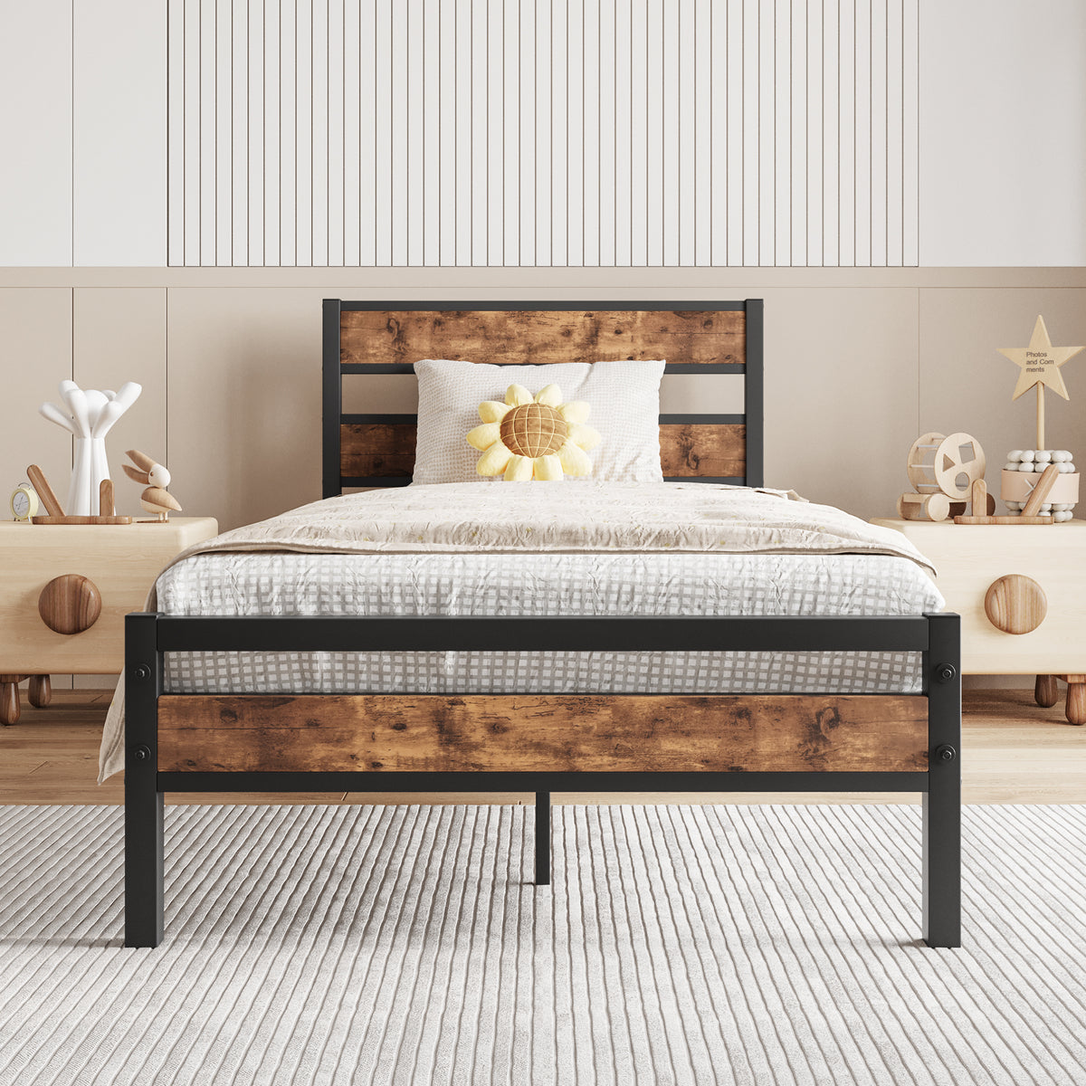 Twin Platform Bed Frame, Rustic Wood Headboard, No Box Spring