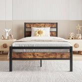 Twin Platform Bed Frame, Rustic Wood Headboard, No Box Spring