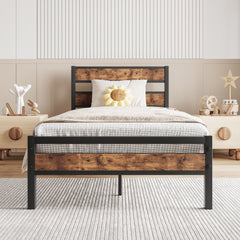 Twin Platform Bed Frame, Rustic Wood Headboard, No Box Spring