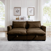 Corduroy Loveseat with 2 Storage Footrest - Deep Seat Brown Sofa for Living Room
