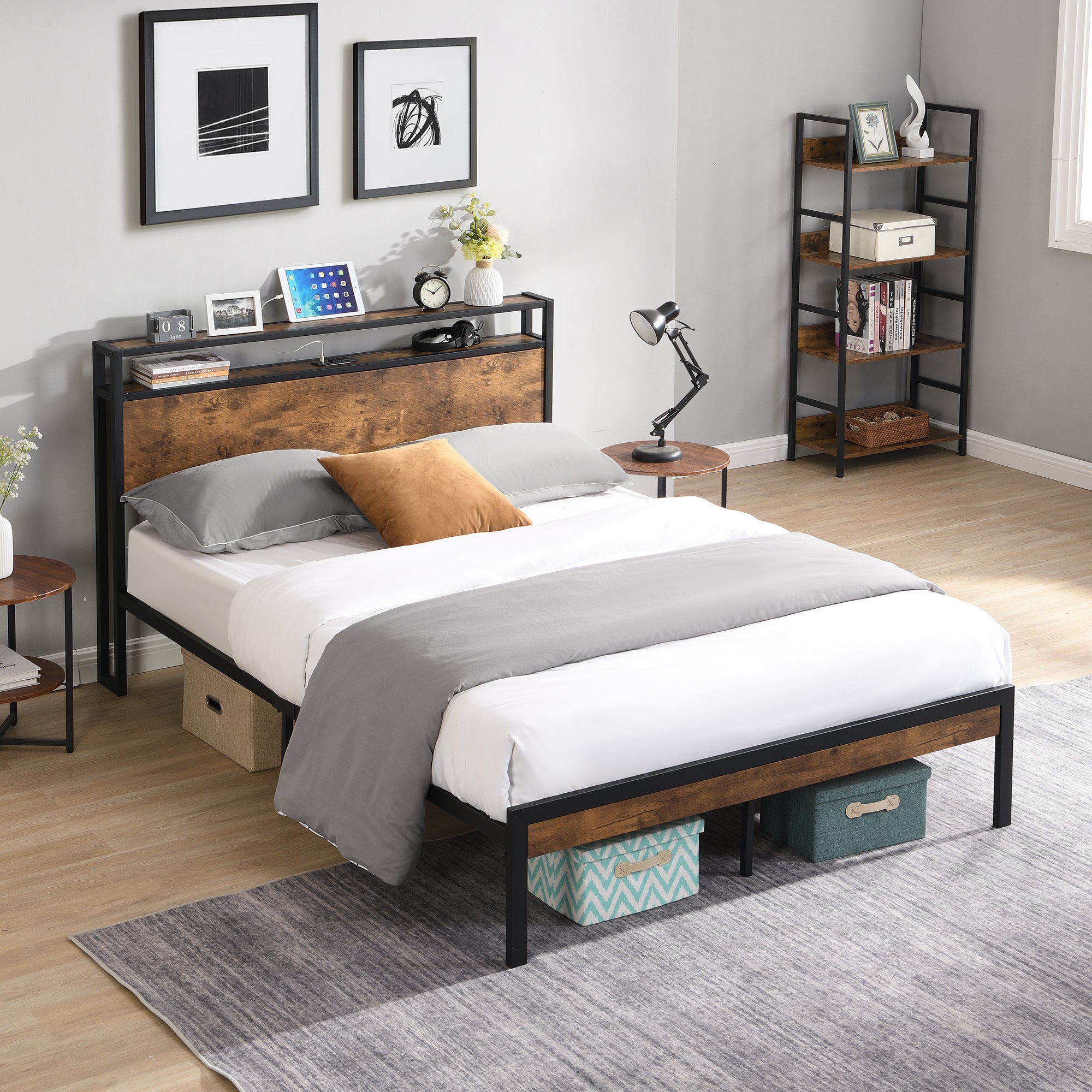 King Size Metal Platform Bed Frame with Wooden Headboard and Footboard with USB LINER, No Box Spring Needed, Large Under Bed Storage, Easy Assemble King Size Metal Platform Bed Frame with Wooden Headboard and Footboard with USB LINER, No Box Spring Needed, Large Under Bed Storage, Easy Assemble