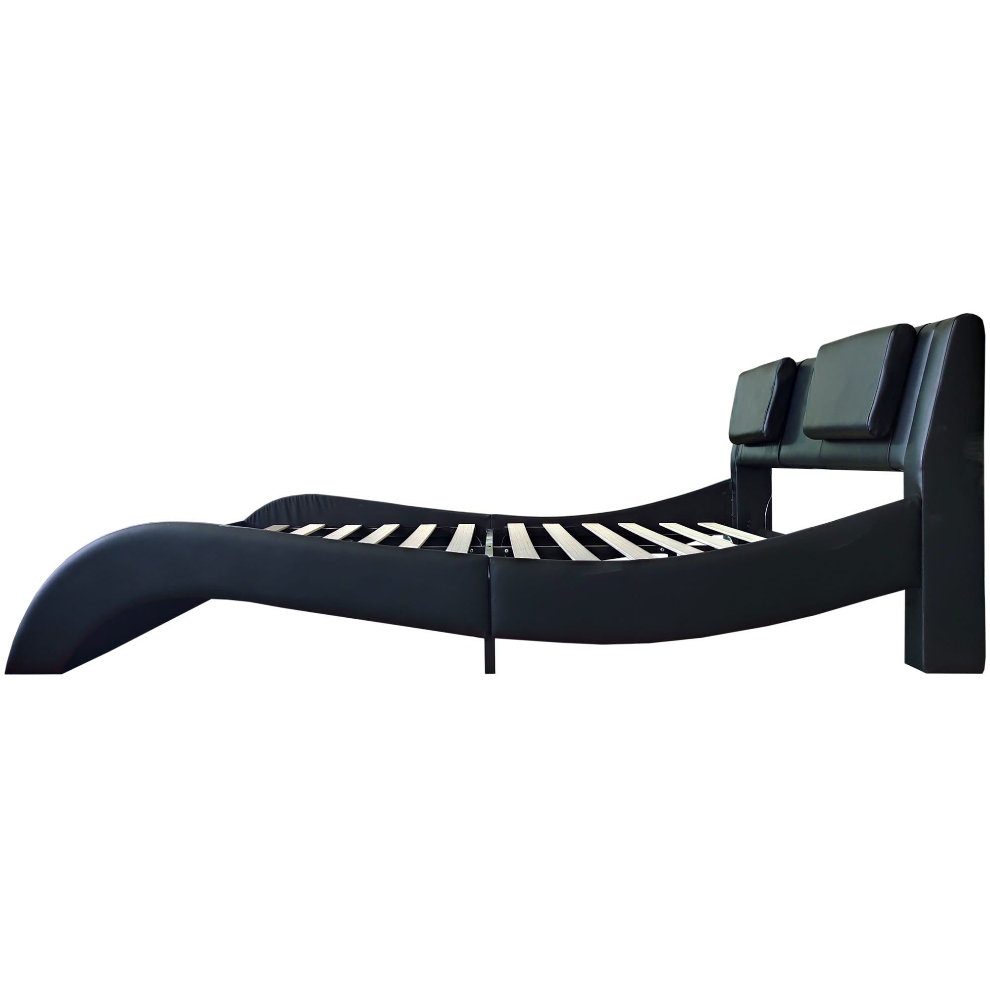 Faux Leather Upholstered Platform Bed Frame with led lighting, Bluetooth connection to play music control, Backrest vibration massage, Curve Design, Wood Slat Support, One-Carton Package, Queen Faux Leather Upholstered Platform Bed Frame with led lighting, Bluetooth connection to play music control, Backrest vibration massage, Curve Design, Wood Slat Support, One-Carton Package, Queen