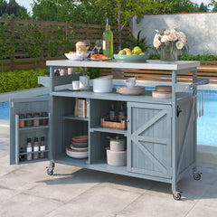 K&K Outdoor Kitchen Island - Farmhouse Solid Wood Outdoor Grill Table with Stainless Steel Top for BBQ , Grey Blue