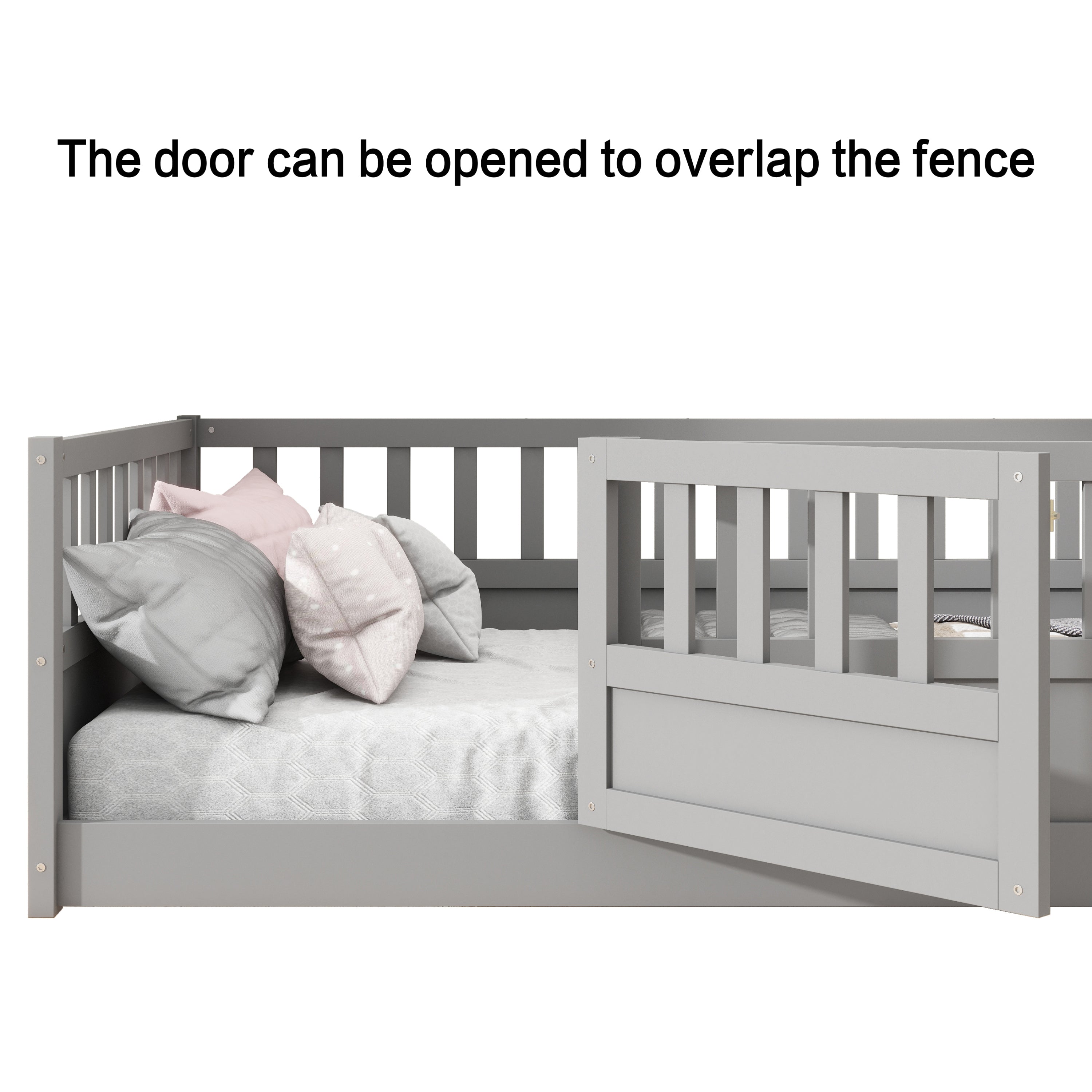 Twin Size Floor bed, integral construction with super high security barrier, door, children's floor bed frame, Montessori wooden children's floor bed, Support slat Grey Twin Size Floor bed, integral construction with super high security barrier, door, children's floor bed frame, Montessori wooden children's floor bed, Support slat Grey