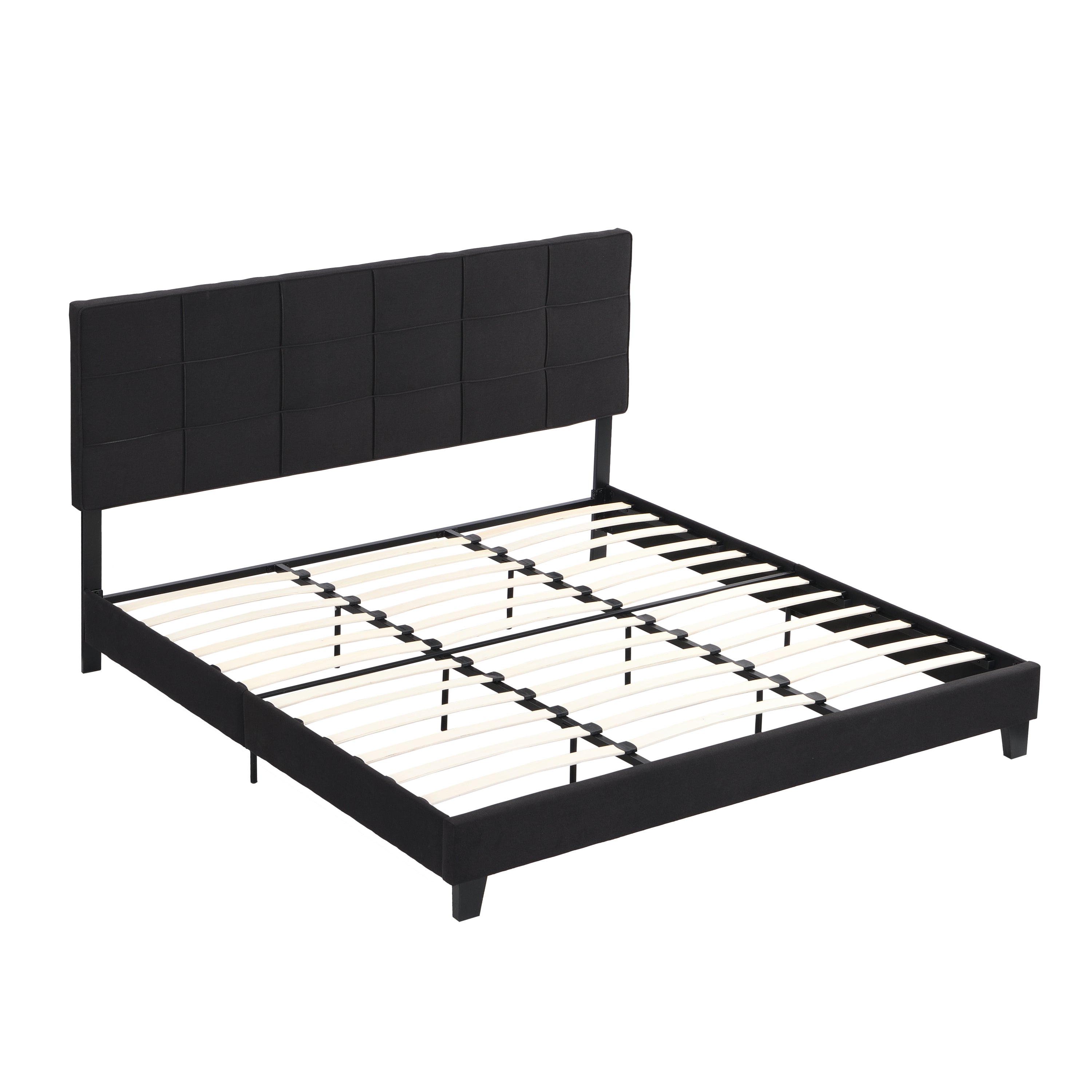 King Size Upholstered Platform Bed Frame with  Linen Fabric Headboard, No Box Spring Needed, Wood Slat Support, Easy Assembly, BLACK King Size Upholstered Platform Bed Frame with  Linen Fabric Headboard, No Box Spring Needed, Wood Slat Support, Easy Assembly, BLACK