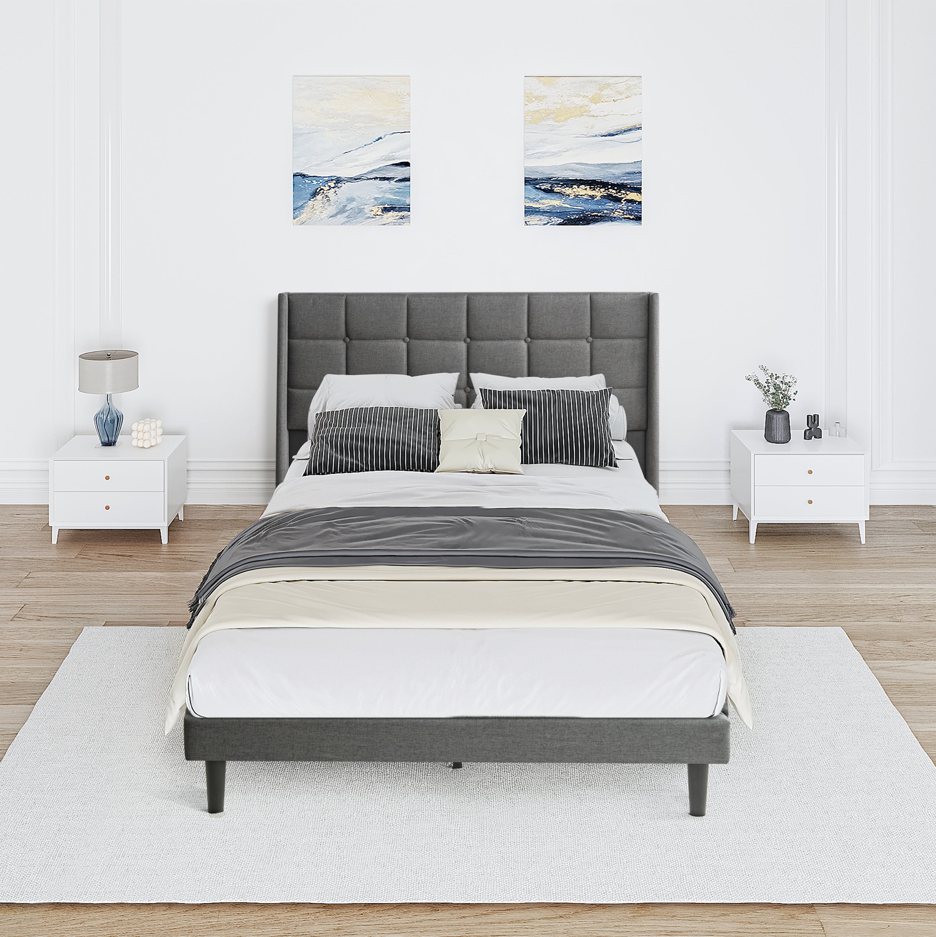 Queen Size Upholstered Platform Bed Frame with Modern Button Tufted Linen Fabric Headboard, No Box Spring Needed, Wood Slat Support, Easy Assembly, Drak Grey Queen Size Upholstered Platform Bed Frame with Modern Button Tufted Linen Fabric Headboard, No Box Spring Needed, Wood Slat Support, Easy Assembly, Drak Grey