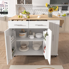 K&K Kitchen Island with Drop Leaf, 3-Tier Pull-Out Organizer, White